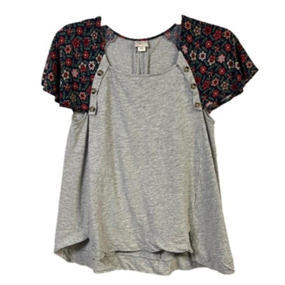 Anthropologie Womens Top XS Gray Floral Button Short Sleeve Boho Hi Lo Style - Picture 2 of 10